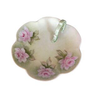 Hand Painted Floral Pink Rose Lemon Wedge Dish Ring Handle Vtg Porcelain